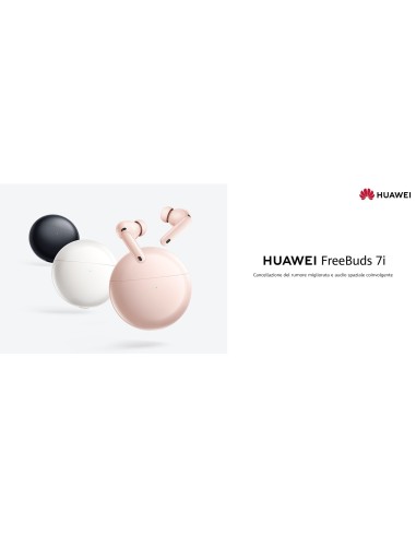 Huawei FreeBuds 7i in colorazione nera, con cancellazione attiva del rumore 4.0. Compatibili con iOS, Android e Windows. Fino a