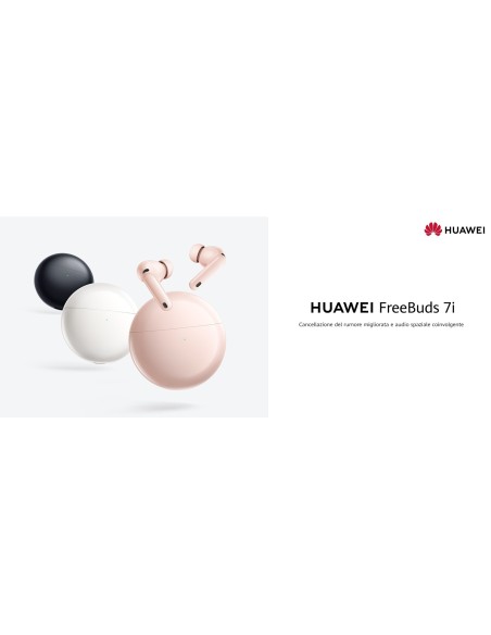 Huawei FreeBuds 7i in colorazione nera, con cancellazione attiva del rumore 4.0. Compatibili con iOS, Android e Windows. Fino a
