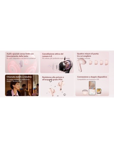 Huawei FreeBuds 7i in colorazione nera, con cancellazione attiva del rumore 4.0. Compatibili con iOS, Android e Windows. Fino a