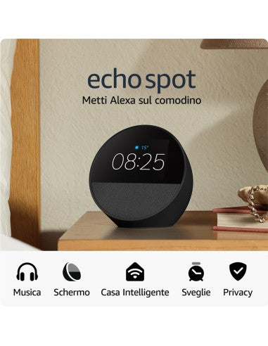 Amazon Nuovo Echo Spot (modello 2024) | Sveglia intelligente con suono di qualità e Alexa | Nero