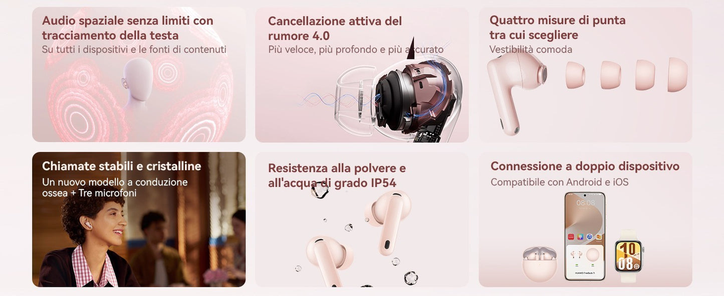 Huawei FreeBuds 7i in colorazione nera, con cancellazione attiva del rumore 4.0. Compatibili con iOS, Android e Windows. Fino a