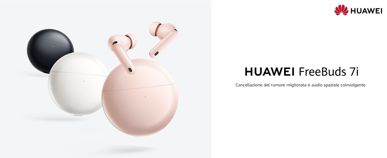 Huawei FreeBuds 7i in colorazione nera, con cancellazione attiva del rumore 4.0. Compatibili con iOS, Android e Windows. Fino a