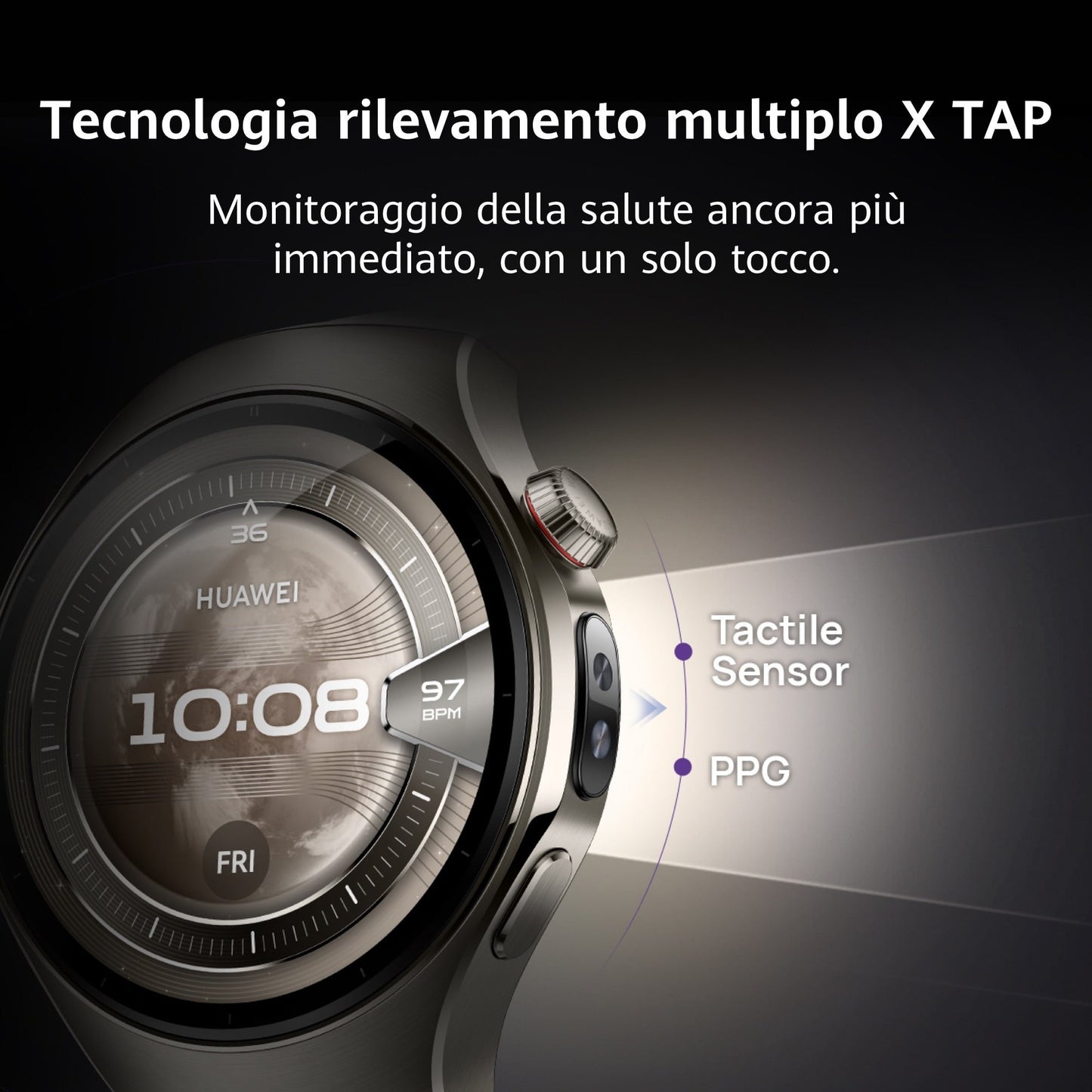 Huawei WATCH 5 (42 mm), cassa in acciaio inox 904L e cinturino beige. Compatibile con iOS e Android e chiamate E-sim