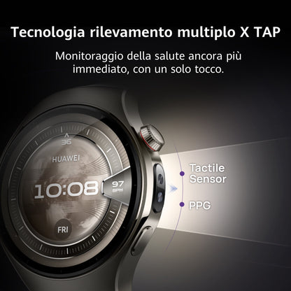 Huawei WATCH 5 (42 mm), cassa in acciaio inox 904L e cinturino beige. Compatibile con iOS e Android e chiamate E-sim