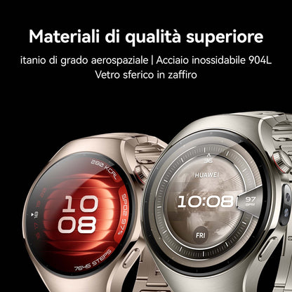 Huawei WATCH 5 (42 mm), cassa in acciaio inox 904L e cinturino beige. Compatibile con iOS e Android e chiamate E-sim