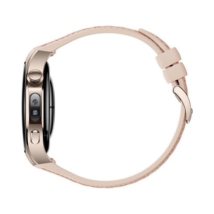 Huawei WATCH 5 (42 mm), cassa in acciaio inox 904L e cinturino beige. Compatibile con iOS e Android e chiamate E-sim