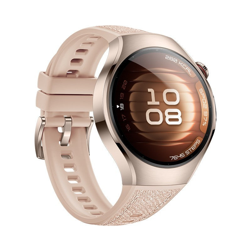 Huawei WATCH 5 (42 mm), cassa in acciaio inox 904L e cinturino beige. Compatibile con iOS e Android e chiamate E-sim
