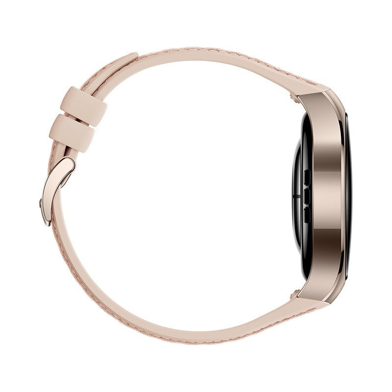 Huawei WATCH 5 (42 mm), cassa in acciaio inox 904L e cinturino beige. Compatibile con iOS e Android e chiamate E-sim