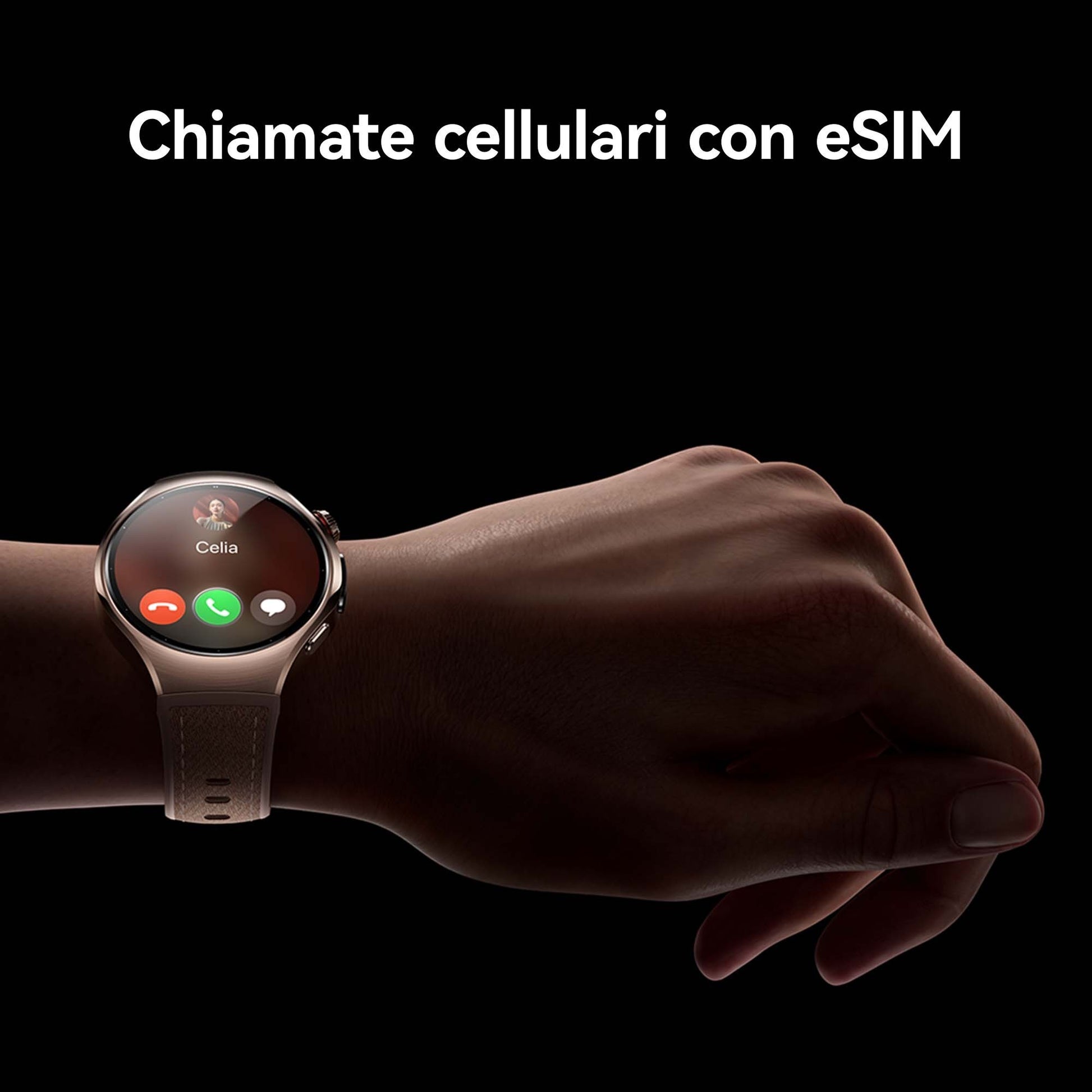 Huawei WATCH 5 (42 mm), cassa in acciaio inox 904L e cinturino beige. Compatibile con iOS e Android e chiamate E-sim