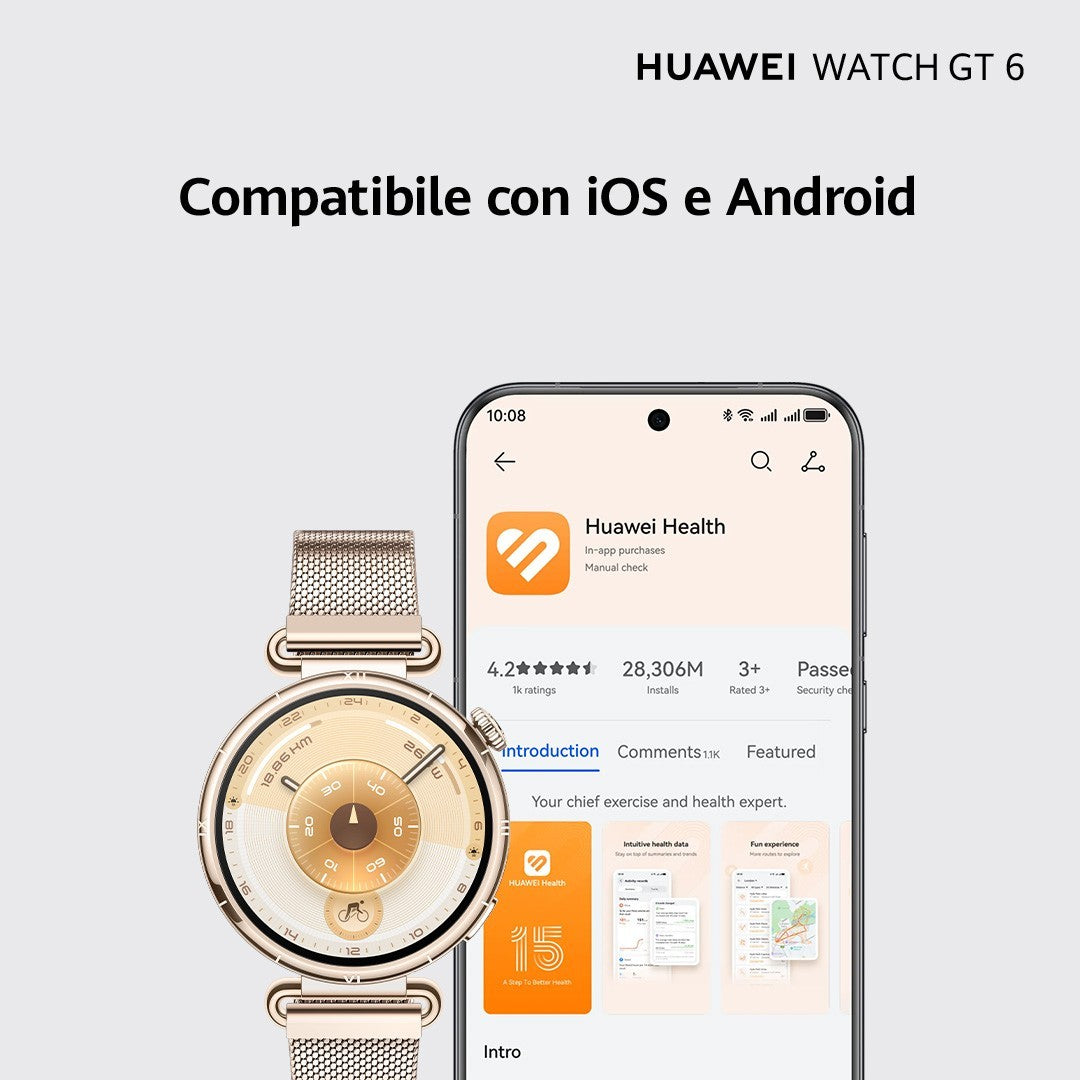 Huawei WATCH GT6, Cassa 41mm in acciaio inossidabile e cinturino viola. Compatibile con iOS e Android. Fino a 14 giorni di