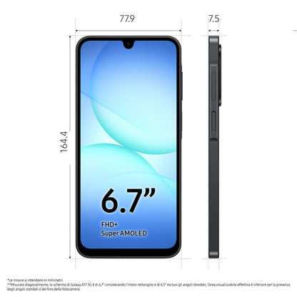 Samsung Galaxy A17 5G, Android 15, Display sAMOLED 6.7", 8GB RAM, 256GB, Batteria 5.000 mAh, Resistenza IP54, Memoria