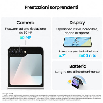 Samsung Galaxy Z Flip7 FE Smartphone AI, RAM 8GB, 128GB, Display 3,4" Super AMOLED/6,7" Dynamic AMOLED 2X, Fotocamera 50MP,