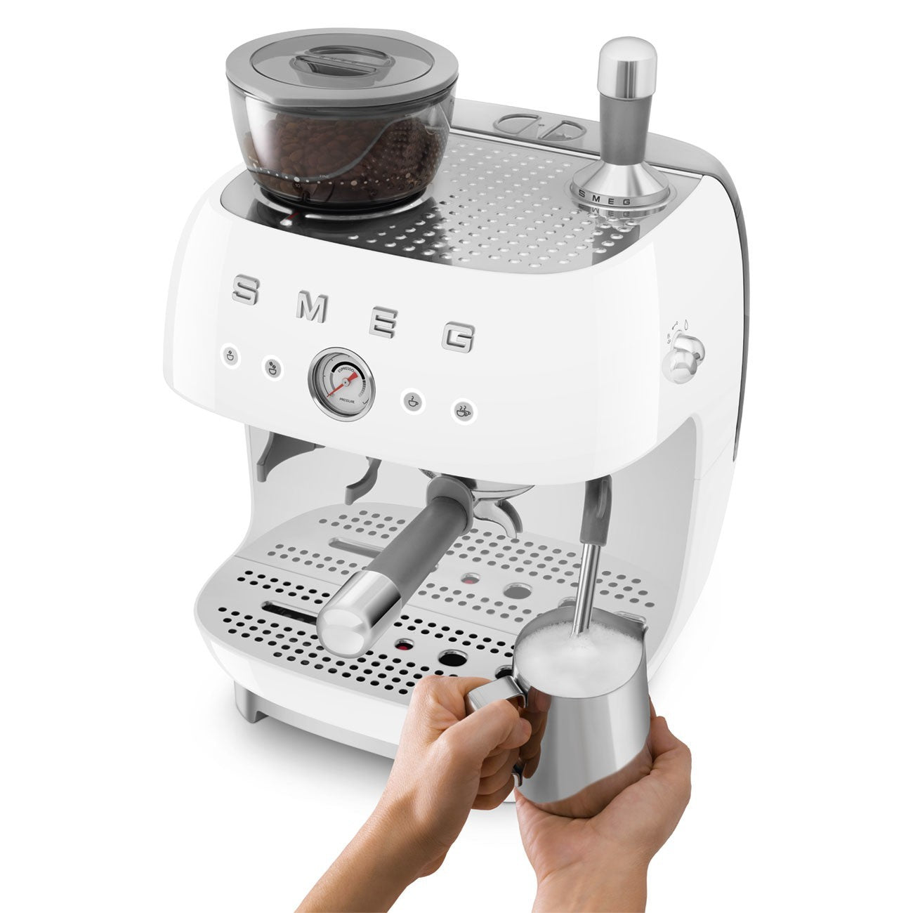 Smeg Macchina da Caffè Espresso Manuale con macinacaffè integrato 50's Style – Bianco LUCIDO – EGF03WHEU